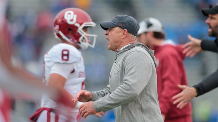 Oklahoma coach Brent Venables reacts to a touchdown in the second half of Saturday's game against
