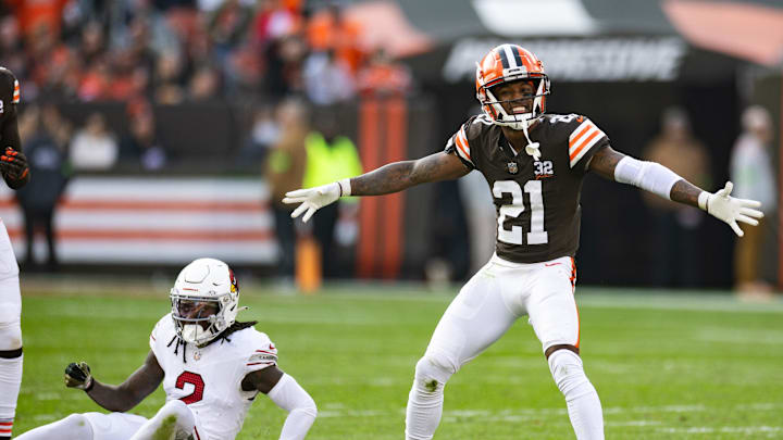 Nov 5, 2023; Cleveland, Ohio, USA; Cleveland Browns cornerback Denzel Ward (21) celebrates his