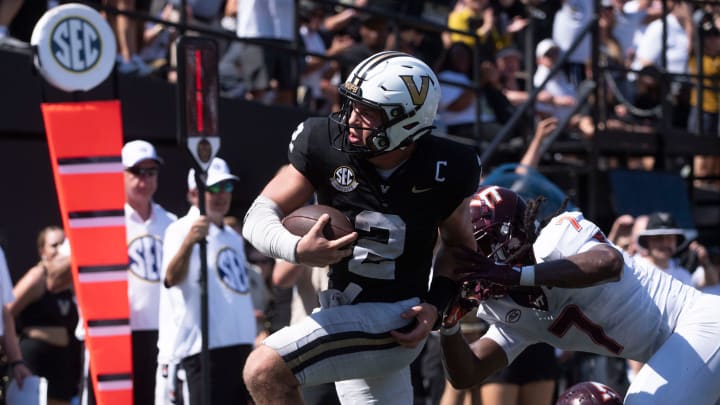 Vanderbilt ’s Diego Pavia scores a touchdown during Saturday’s game between Vanderbilt and Virginia Tech at FirstBank Stadium in Nashville , Tenn., Saturday, Aug. 31, 2024. Vanderbilt ’s Diego Pavia scores a touchdown during Saturday’s game between Vanderbilt and Virginia Tech at FirstBank Stadium in Nashville , Tenn., Saturday, Aug. 31, 2024.