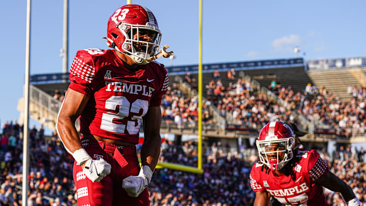 Oct 5, 2024; East Hartford, Connecticut, USA; Temple Owls linebacker Antwone Santiago (23) reacts after blocking a punt while linebacker Tyler Lepolo (17) recovers for a touchdown against the Connecticut Huskies in the second quarter at Rentschler Field at Pratt & Whitney Stadium. Mandatory Credit: David Butler II-Imagn Images