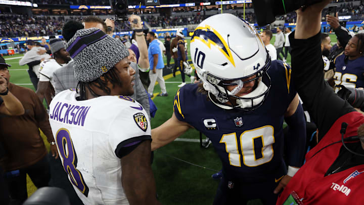 Nov 26, 2023; Inglewood, California, USA; Baltimore Ravens quarterback Lamar Jackson (8) greets Los Angeles Chargers quarterback Justin Herbert (10) after defeating the Chargers 20-10 at SoFi Stadium. Mandatory Credit: Kiyoshi Mio-Imagn Images Nov 26, 2023; Inglewood, California, USA; Baltimore Ravens quarterback Lamar Jackson (8) greets Los Angeles Chargers quarterback Justin Herbert (10) after defeating the Chargers 20-10 at SoFi Stadium. Mandatory Credit: Kiyoshi Mio-Imagn Images