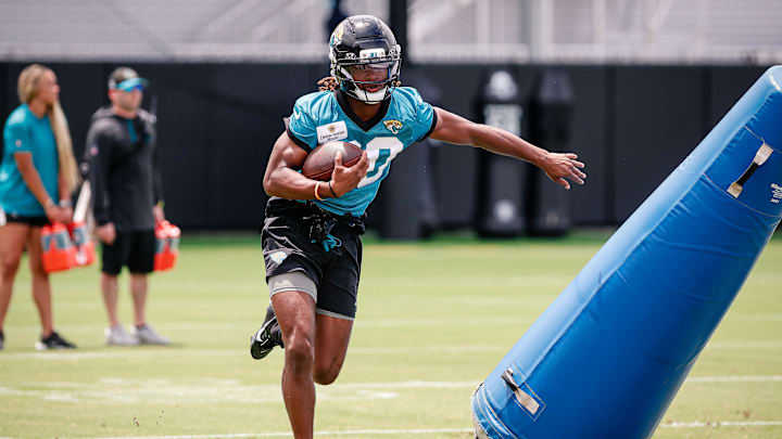 May 10, 2025; Jacksonville, FL, USA; Jacksonville Jaguars wide receiver Joshua Cephus (80) participates in a drill during rookie minicamp at Miller Electric Center. Mandatory Credit: Travis Register-Imagn Images