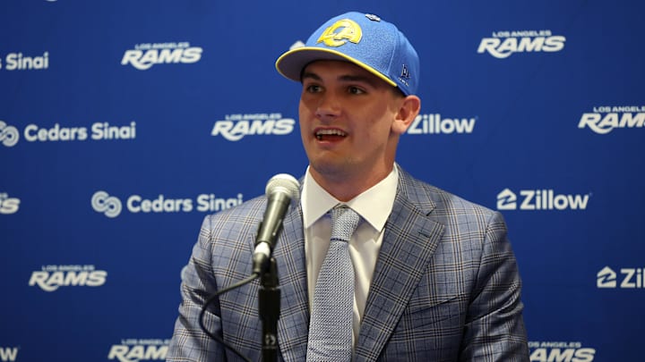 Apr 24, 2026; Inglewood, CA, USA;  Los Angeles Rams first-round draft pick Ty Simpson speaks to media during a press conference at Code Next at Hollywood Park. Mandatory Credit: Kiyoshi Mio-Imagn Images
