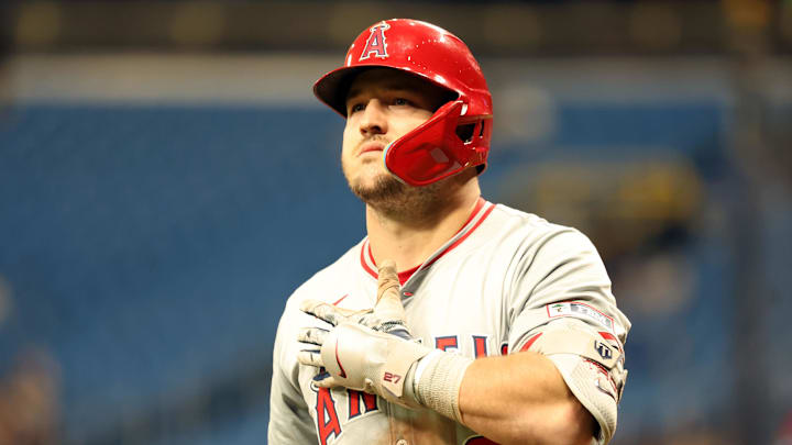 Apr 16, 2024; St. Petersburg, Florida, USA; Los Angeles Angels outfielder Mike Trout (27) looks on Apr 16, 2024; St. Petersburg, Florida, USA; Los Angeles Angels outfielder Mike Trout (27) looks on