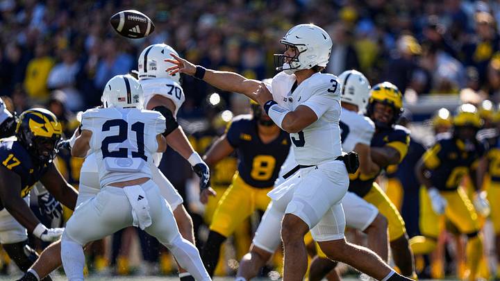 Penn State Nittany Lions quarterback Rocco Becht (3) throws a pass against the Michigan Wolverines during the first half at Michigan Stadium. Penn State Nittany Lions quarterback Rocco Becht (3) throws a pass against the Michigan Wolverines during the first half at Michigan Stadium.