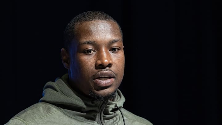 Mar 2, 2023; Indianapolis, IN, USA; Virginia Tech defensive back Chamarri Conner (DB43) speaks to