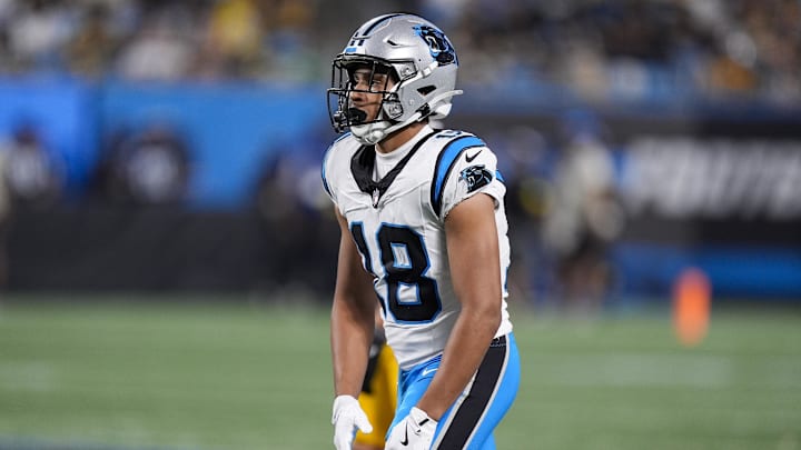 Aug 21, 2025; Charlotte, North Carolina, USA; Carolina Panthers wide receiver Jalen Coker (18) during the second half against the Pittsburgh Steelers at Bank of America Stadium. Mandatory Credit: Jim Dedmon-Imagn Images Aug 21, 2025; Charlotte, North Carolina, USA; Carolina Panthers wide receiver Jalen Coker (18) during the second half against the Pittsburgh Steelers at Bank of America Stadium. Mandatory Credit: Jim Dedmon-Imagn Images