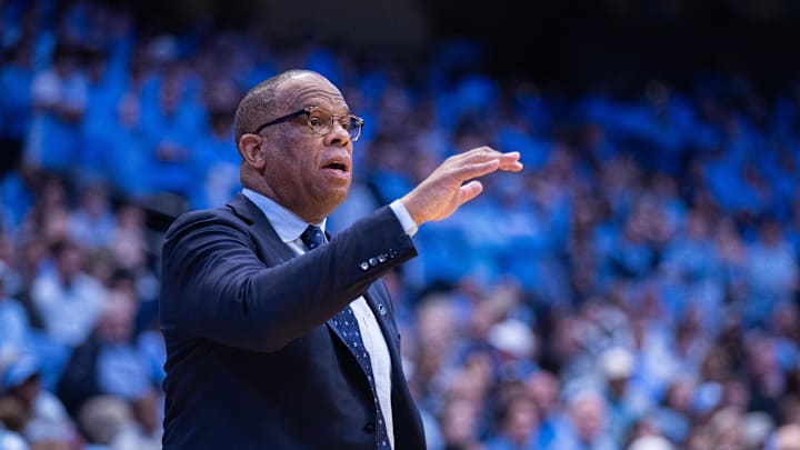 Nov 11, 2025; Chapel Hill, North Carolina, USA;  North Carolina Tar Heels head coach Hubert Davis directs his team during the first half against the Radford Highlanders at Dean E. Smith Center. 