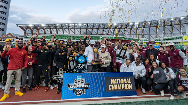 USC, left, and Texas A&M celebrate a tie for the team title on day three of the NCAA Outdoor Track and Field Championships on June 13, 2025, at Hayward Field in Eugene. USC, left, and Texas A&M celebrate a tie for the team title on day three of the NCAA Outdoor Track and Field Championships on June 13, 2025, at Hayward Field in Eugene.