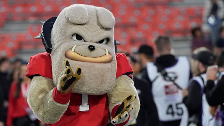 Georgia mascot Hairy Dawg at the Dawg Walk before the start of a NCAA college football game against Tennessee in Athens, Ga., on Saturday, Nov. 16, 2024.