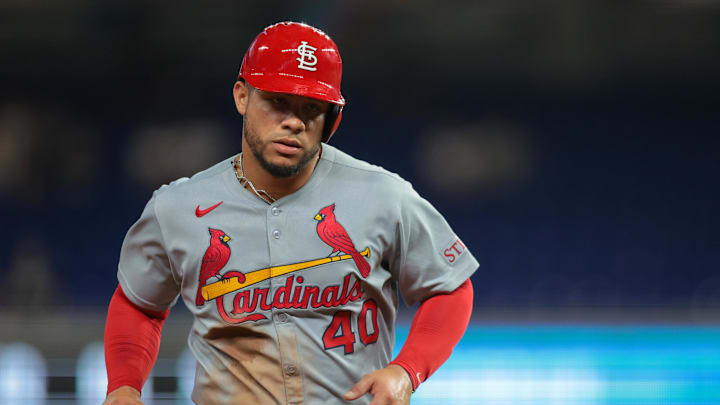 Aug 18, 2025; Miami, Florida, USA; St. Louis Cardinals first baseman Willson Contreras (40) circles the bases after a two-run home run by third baseman Nolan Gorman (not pictured) during the ninth inning at loanDepot Park. Mandatory Credit: Sam Navarro-Imagn Images Aug 18, 2025; Miami, Florida, USA; St. Louis Cardinals first baseman Willson Contreras (40) circles the bases after a two-run home run by third baseman Nolan Gorman (not pictured) during the ninth inning at loanDepot Park. Mandatory Credit: Sam Navarro-Imagn Images