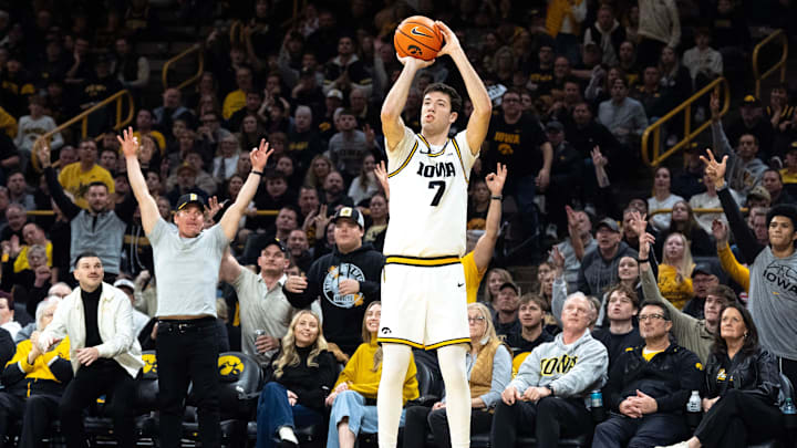 Iowa forward Alvaro Folgueiras (7) attempts a 3-pointer March 5, 2026 during a Big Ten basketball game against the Michigan Wolverines at Carver-Hawkeye Arena in Iowa City, Iowa.