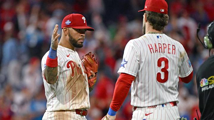 May 6, 2026; Philadelphia, Pennsylvania, USA; Philadelphia Phillies second baseman Edmundo Sosa (33) celebrates win with first baseman Bryce Harper (3) against the Athletics at Citizens Bank Park.