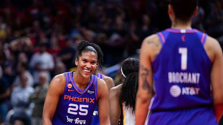Jun 24, 2026; Indianapolis, Indiana, USA; Phoenix Mercury forward Alyssa Thomas (25) celebrates the win over Indiana Fever at Gainbridge Fieldhouse. Mandatory Credit: Trevor Ruszkowski-Imagn Images