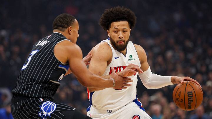Apr 25, 2026; Orlando, Florida, USA; Detroit Pistons guard Cade Cunningham (2) drives to the basket past Orlando Magic guard Desmond Bane (3) in the first quarter during game three of the first round of the 2026 NBA Playoffs at Kia Center. Mandatory Credit: Nathan Ray Seebeck-Imagn Images