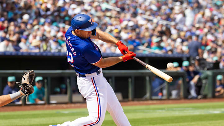 Mar 18, 2024; Surprise, Arizona, USA; Texas Rangers outfielder Wyatt Langford against the Seattle