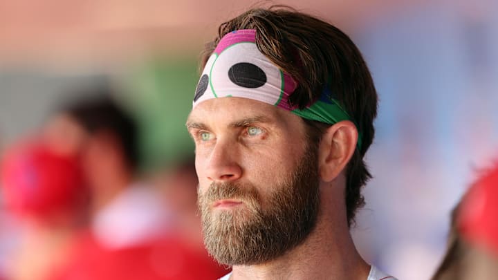 Feb 28, 2024; Clearwater, Florida, USA; Philadelphia Phillies first baseman Bryce Harper (3) looks