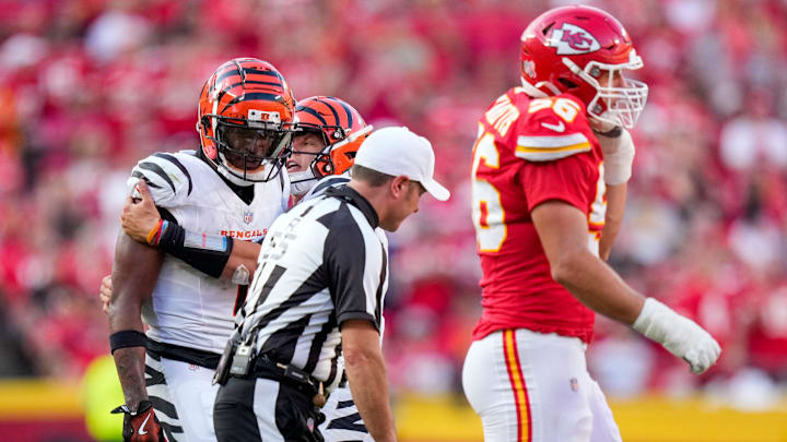Cincinnati Bengals wide receiver Ja'Marr Chase (1) argues with a referee after taking a tackle from Kansas City Chiefs cornerback Trent McDuffie (22) in the fourth quarter of the NFL Week 2 game between the Kansas City Chiefs and the Cincinnati Bengals at Arrowhead Stadium in Kansas City on Sunday, Sept. 15, 2024. The Chiefs took a 26-25 win with a go-ahead field goal as time expired. Cincinnati Bengals wide receiver Ja'Marr Chase (1) argues with a referee after taking a tackle from Kansas City Chiefs cornerback Trent McDuffie (22) in the fourth quarter of the NFL Week 2 game between the Kansas City Chiefs and the Cincinnati Bengals at Arrowhead Stadium in Kansas City on Sunday, Sept. 15, 2024. The Chiefs took a 26-25 win with a go-ahead field goal as time expired.