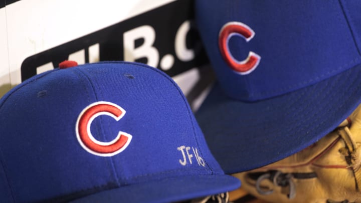 Sep 26, 2016; Pittsburgh, PA, USA; A detail view of a tribute to Miami Marlin pitcher Jose Fernandez on the hat worn by Chicago Cubs center fielder Albert Almora Jr. (not pictured) against the Pittsburgh Pirates at PNC Park. Mandatory Credit: Charles LeClaire-Imagn Images