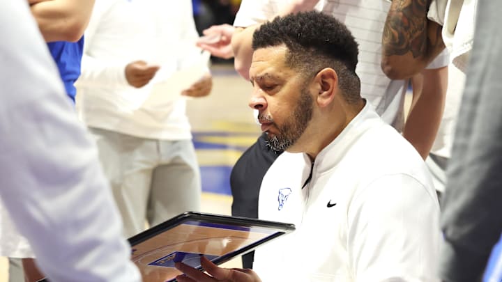 Jan 3, 2026; Pittsburgh, Pennsylvania, USA;  Pittsburgh Panthers head coach Jeff Capel III draws a play in the huddle against the Clemson Tigers during the first half at the Petersen Events Center. Mandatory Credit: Charles LeClaire-Imagn Images