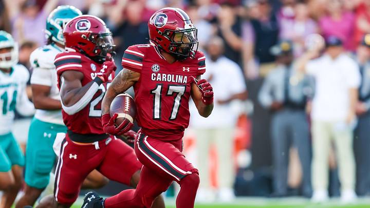 Nov 22, 2025; Columbia, South Carolina, USA; South Carolina Gamecocks wide receiver Jayden Sellers (17) scores a touchdown on a 75-yard screen on the opening play against the Coastal Carolina Chanticleers in the first quarter at Williams-Brice Stadium. Mandatory Credit: Jeff Blake-Imagn Images