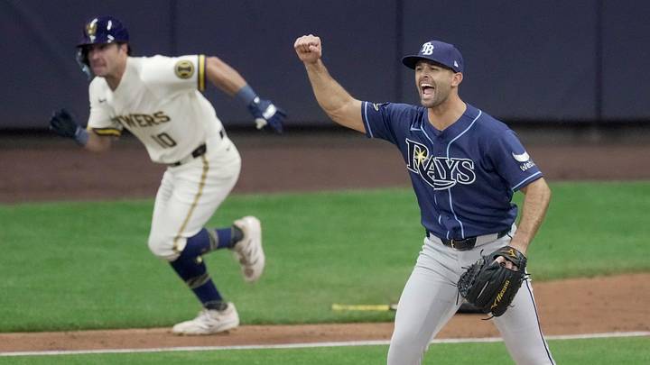 Tampa Bay Rays pitcher Nick Martinez reacts after Milwaukee Brewers right fielder Sal Frelick hits into a double-play.