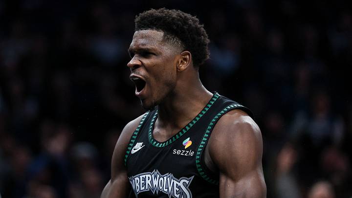 Nov 30, 2025; Minneapolis, Minnesota, USA; Minnesota Timberwolves guard Anthony Edwards (5) celebrates his basket against the San Antonio Spurs during the second half at Target Center. Mandatory Credit: Matt Krohn-Imagn Images