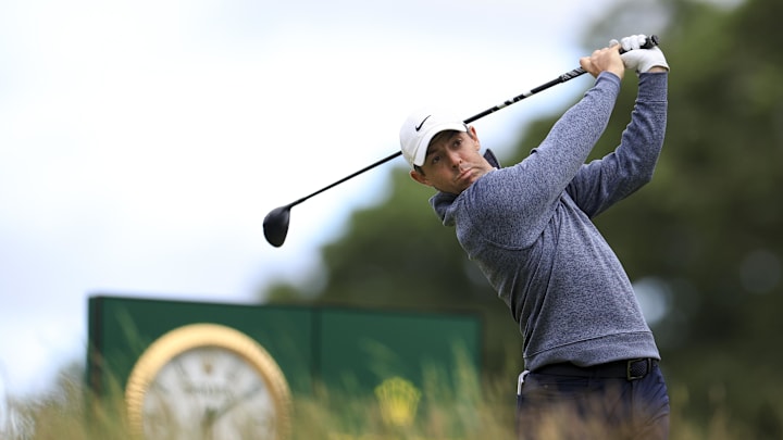 Rory McIlroy plays his shot from the 13th tee.