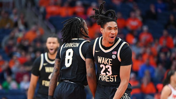 Wake Forest Demon Deacons guard Hunter Sallis reacts with teammate guard Ty-Laur Johnson during the first half against the Syracuse Orange at the JMA Wireless Dome on December 31, 2024.