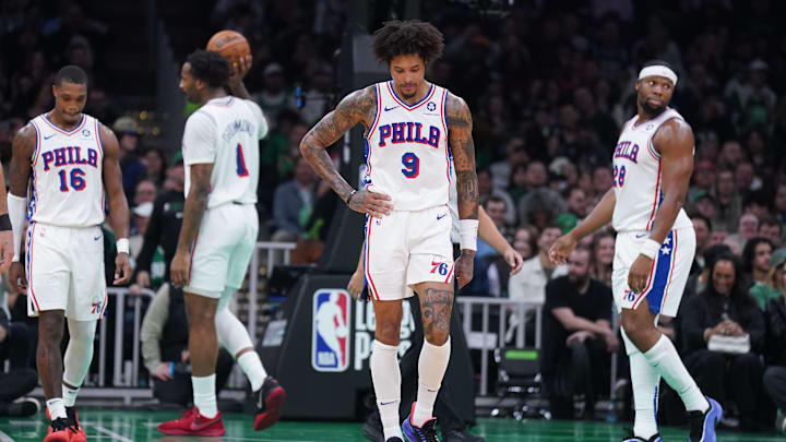 Mar 6, 2025; Boston, Massachusetts, USA; Philadelphia 76ers guard Kelly Oubre Jr. (9) reacts after a foul called as they take on the Boston Celtics in the second quarter at TD Garden. Mandatory Credit: David Butler II-Imagn Images
