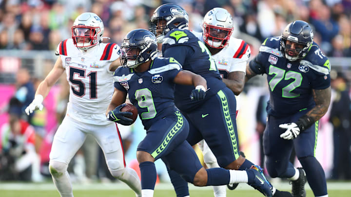 Feb 8, 2026; Santa Clara, CA, USA; Seattle Seahawks running back Kenneth Walker III (9) runs against the New England Patriots during the second quarter in Super Bowl LX at Levi's Stadium. Mandatory Credit: Mark J. Rebilas-Imagn Images