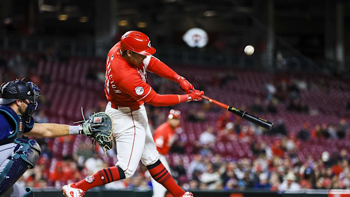 Apr 16, 2025; Cincinnati, Ohio, USA; Cincinnati Reds first baseman Christian Encarnacion-Strand (33) hits a two-run double in the seventh inning against the Seattle Mariners at Great American Ball Park. Mandatory Credit: Katie Stratman-Imagn Images Apr 16, 2025; Cincinnati, Ohio, USA; Cincinnati Reds first baseman Christian Encarnacion-Strand (33) hits a two-run double in the seventh inning against the Seattle Mariners at Great American Ball Park. Mandatory Credit: Katie Stratman-Imagn Images