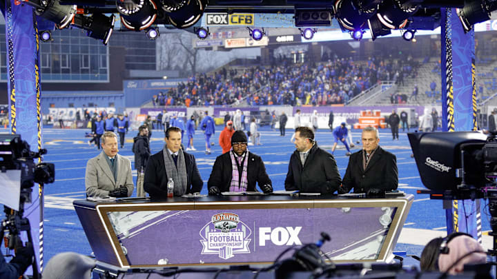 Dec 6, 2024; Boise, ID, USA; Fox Sport Big Noon Kick Off Show broadcasting from Albertsons Stadium before the game between the UNLV Rebels and Boise State Broncos. Mandatory Credit: Brian Losness-Imagn Images
Dec 6, 2024; Boise, ID, USA; Fox Sport Big Noon Kick Off Show broadcasting from Albertsons Stadium before the game between the UNLV Rebels and Boise State Broncos. Mandatory Credit: Brian Losness-Imagn Images