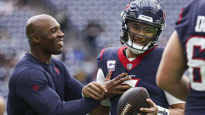 Oct 15, 2023; Houston, Texas, USA; Houston Texans head coach DeMeco Ryans laughs with quarterback C.J. Stroud (7) before the game against the New Orleans Saints at NRG Stadium. Mandatory Credit: Troy Taormina-Imagn Images Oct 15, 2023; Houston, Texas, USA; Houston Texans head coach DeMeco Ryans laughs with quarterback C.J. Stroud (7) before the game against the New Orleans Saints at NRG Stadium. Mandatory Credit: Troy Taormina-Imagn Images