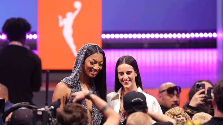 Apr 15, 2024; Brooklyn, NY, USA; Angel Reese and Caitlin Clark pose for photos before the 2024 WNBA Draft at Brooklyn Academy of Music. Mandatory Credit: Brad Penner-USA TODAY Sports Apr 15, 2024; Brooklyn, NY, USA; Angel Reese and Caitlin Clark pose for photos before the 2024 WNBA Draft at Brooklyn Academy of Music. Mandatory Credit: Brad Penner-USA TODAY Sports