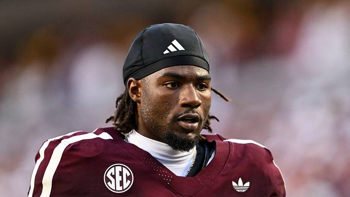 Oct 11, 2025; College Station, Texas, USA; Texas A&M Aggies running back Le'Veon Moss (8) looks on prior to the game against the Florida Gators at Kyle Field. Mandatory Credit: Maria Lysaker-Imagn Images