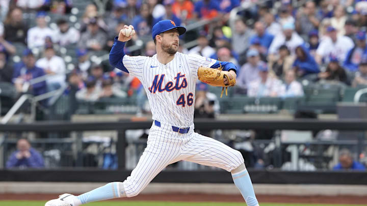 Jun 15, 2025; New York City, New York, USA; New York Mets pitcher Griffin Canning (46) delivers a pitch against the Tampa Bay Rays during the first inning at Citi Field. Mandatory Credit: Gregory Fisher-Imagn Images