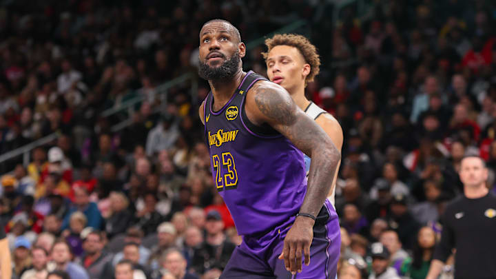 Dec 6, 2024; Atlanta, Georgia, USA; Los Angeles Lakers forward LeBron James (23) boxes out against the Atlanta Hawks in the fourth quarter at State Farm Arena. Mandatory Credit: Brett Davis-Imagn Images