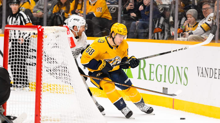 Dec 21, 2024; Nashville, Tennessee, USA; Nashville Predators left wing Zachary L'Heureux (68) skates behind the net against the Los Angeles Kings during the third period at Bridgestone Arena. Mandatory Credit: Steve Roberts-Imagn Images Dec 21, 2024; Nashville, Tennessee, USA; Nashville Predators left wing Zachary L'Heureux (68) skates behind the net against the Los Angeles Kings during the third period at Bridgestone Arena. Mandatory Credit: Steve Roberts-Imagn Images