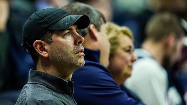 Jan 7, 2023; Storrs, Connecticut, USA; Boston Celtics President of Basketball Operations Brad Stevens in the crowd during the game against the UConn Huskies and Creighton Bluejays at Harry A. Gampel Pavilion. Mandatory Credit: David Butler II-Imagn Images