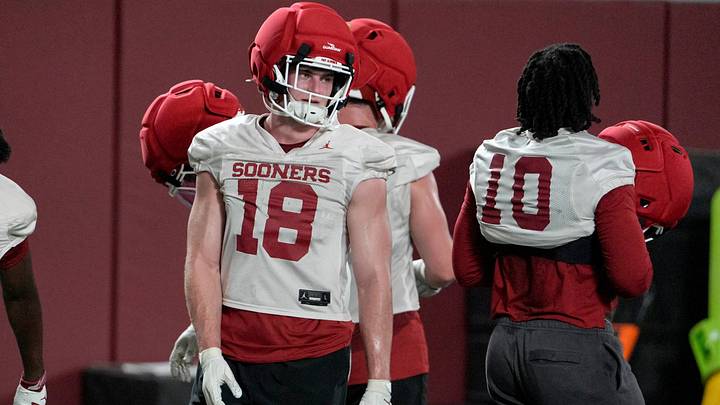 Cole Sullivan (18) runs drills during an Oklahoma (OU) football practice in Norman, Okla., on Wednesday, March 25, 2026. Cole Sullivan (18) runs drills during an Oklahoma (OU) football practice in Norman, Okla., on Wednesday, March 25, 2026.