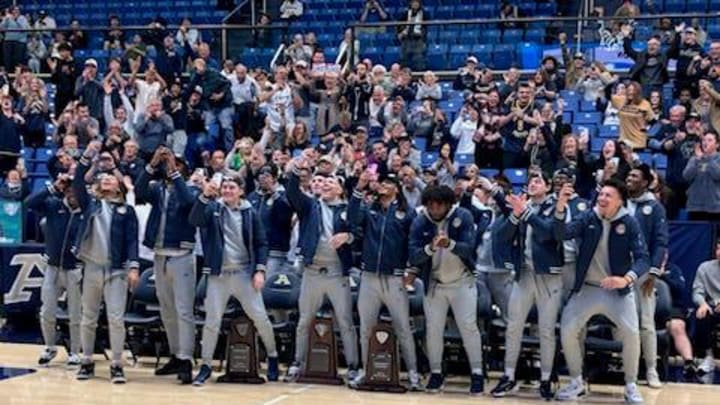 Akron men's basketball players, coaches and fans celebrate as the Zips are announced as a No. 13 seed in the NCAA Tournament during a Selection Sunday event at James A. Rhodes Arena, Sunday, March 16, 2025. Akron is set to meet No. 4 seed Arizona.