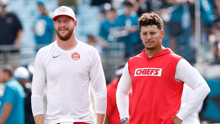 Patrick Mahomes stood next to his backup QB Carson Wentz before the team's first preseason game in Jacksonville on Saturday