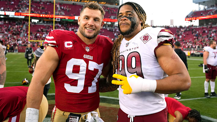 Washington Commanders edge Chase Young (R) and San Francisco 49ers edge Nick Bosa (L)