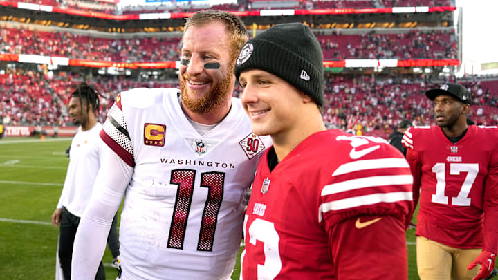 Washington Commanders quarterback Carson Wentz (L) and San Francisco 49ers quarterback Brock Purdy (R)