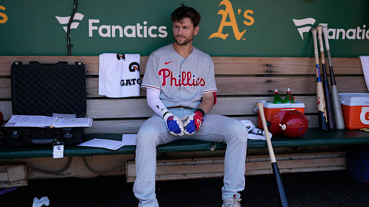 Trea Turner in the dugout | Philadelphia Phillies v Oakland Athletics, Oakland, CA