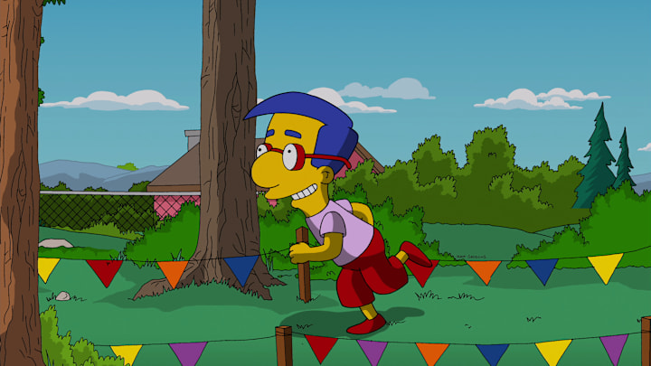 THE SIMPSONS: Milhouse gains the lead during the annual "Race Around The School" in the "Yellow Badge of Cowardge" Season Finale episode of THE SIMPSONS airing Sunday, May 18 (8:00-8:30 PM ET/PT) on FOX. THE SIMPSONS ª and © 2014 TCFFC ALL RIGHTS RESERVED.