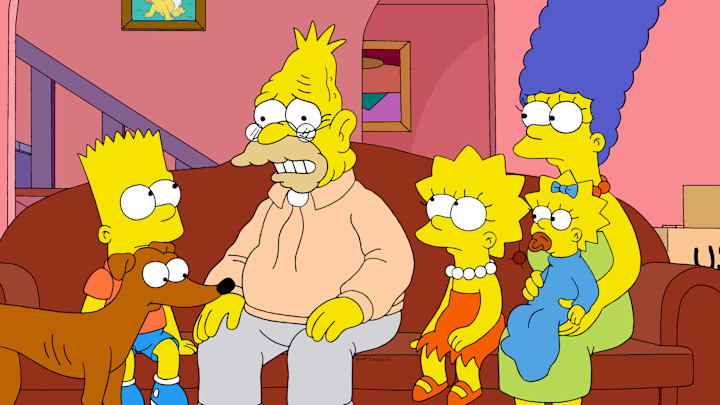 THE SIMPSONS -- "To Cur with Love" (Airs Monday, September 1, 5:30 AM e/p) -- Pictured: (L-R) Bart Simpson, Grandpa Simpson, Lisa Simpson, Marge Simpson, Maggie Simpson. CR: Fox Broadcasting/FXX