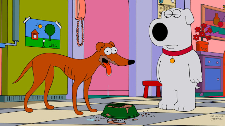 FAMILY GUY: Brian and Santa's Lil' Helper share a moment in the season premiere ÒThe Simpsons GuyÓ episode of FAMILY GUY airing Sunday, September 28 (9:00-10:00 PM ET/PT) on FOX. FAMILY GUY/THE SIMPSONS ª and © 2014 TCFFC ALL RIGHTS RESERVED.