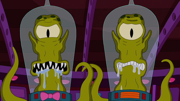 THE SIMPSONS: The Simpsons board the wrong ride on a trip to "Dizzneeland" and are transported through the galaxy to Kang and Kodos' home planet in the second part of the all-new "The Saga of Carl Carlson/The Man Who Came to be Dinner" one-hour season finale episode of THE SIMPSONS airing Sunday, May 19 (8:00-9:00 PM ET/PT) on FOX. THE SIMPSONS ª and © 2013 TCFFC ALL RIGHTS RESERVED.